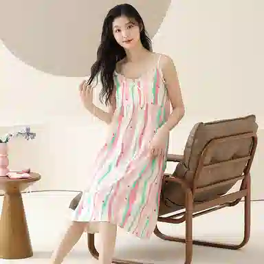 俞兆林 带胸垫条纹吊带纯欲风性感大码家居服可外穿睡裙 女款 粉色