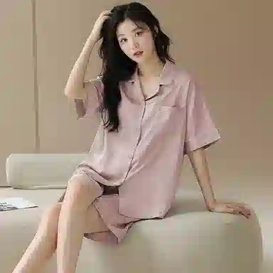 俞兆林 简约轻奢亲肤舒适翻领开衫短袖高级感可外穿三分裤睡衣套装 女款 粉色