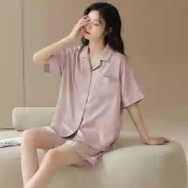 俞兆林 简约轻奢亲肤舒适翻领开衫短袖高级感可外穿三分裤睡衣套装 女款 粉色