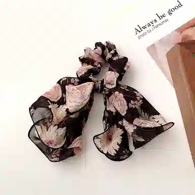 丹琴 甜美蝴蝶结飘带雪纺碎花大肠圈法式扎马尾绑发 布艺 发圈 女