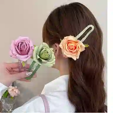 丹琴 绿叶网纱花朵 森系早春氛围感气质鸭嘴夹后脑勺半扎发盘发高级感发卡 亚克力 发夹 女款