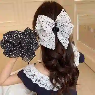 丹琴 法式飘带复古波点黑色蝴蝶结抓夹半扎发卡韩式高级后脑勺鲨鱼夹子 雪纺 发夹 女款