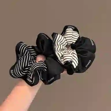 丹琴 韩版黑色拼接条纹大肠圈高级感气质百搭扎马尾发绳法式头绳 布艺 发圈 女款