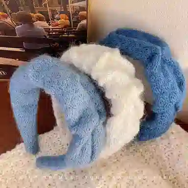 丹琴 甜美克莱因蓝高颅顶褶皱宽边头箍百搭洗脸专用发捆头饰 毛线 发箍 女款