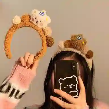 丹琴 可爱小熊洗脸毛毛头箍 秋冬新款毛绒敷面膜专用化妆发捆头箍发饰 亚克力 发箍 女款