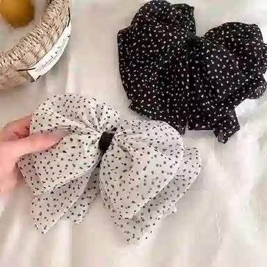 丹琴 法式飘带复古波点黑色蝴蝶结抓夹半扎发卡韩式高级后脑勺鲨鱼夹子 雪纺 发夹 女款