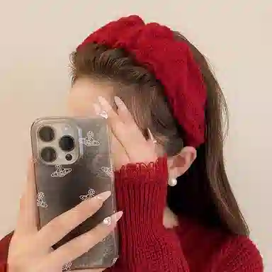 丹琴 秋冬甜美显脸小红色头箍 毛线高颅顶褶皱压发卡宽边头饰#好运 针织 发箍 女款