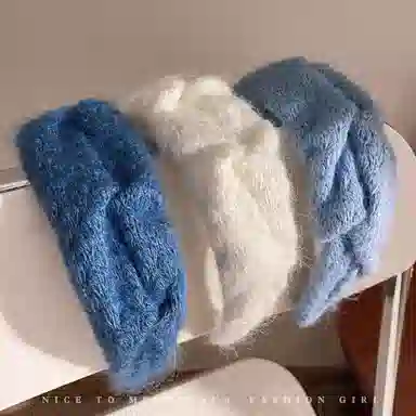 丹琴 甜美克莱因蓝高颅顶褶皱宽边头箍百搭洗脸专用发捆头饰 毛线 发箍 女款