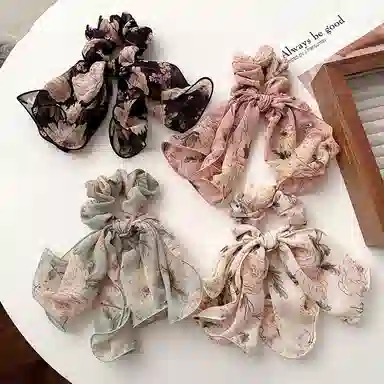 丹琴 甜美蝴蝶结飘带雪纺碎花大肠圈法式扎马尾绑发 布艺 发圈 女