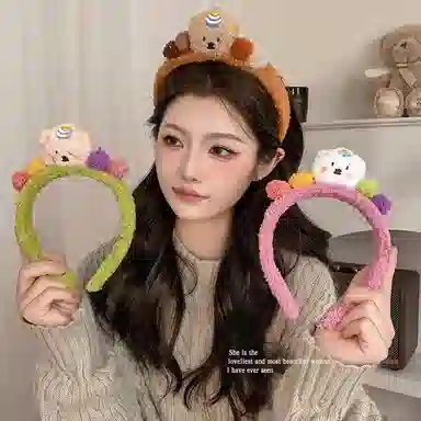 丹琴 可爱小熊洗脸毛毛头箍 秋冬新款毛绒敷面膜专用化妆发捆头箍发饰 亚克力 发箍 女款