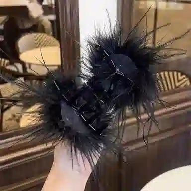 丹琴 花朵羽毛抓夹款秋冬后脑勺盘发猫猫鲨鱼夹子头饰 亚克力 发夹 女款