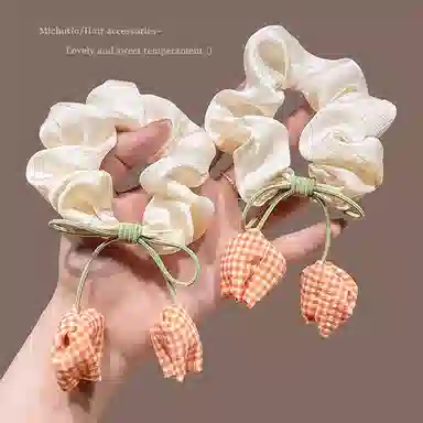 丹琴 甜美少女郁金香发绳女森系玫瑰花苞大肠头绳马尾扎头发发饰 布艺 发圈 女款