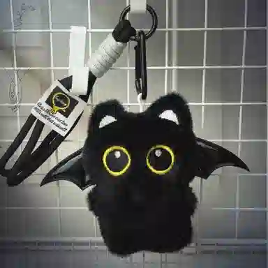 丹琴 摸鱼大眼黑猫 可爱治愈玩偶恶魔翅膀公仔书包背包挂饰创意 毛绒 挂件 男女同款情侣款