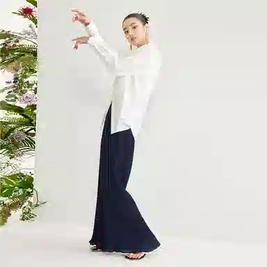 佐丹奴 老钱风压褶雪纺梭织荷叶边合身阔腿休闲裤 女款 蓝