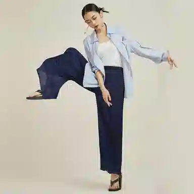 佐丹奴 老钱风压褶雪纺梭织荷叶边合身阔腿休闲裤 女款 蓝