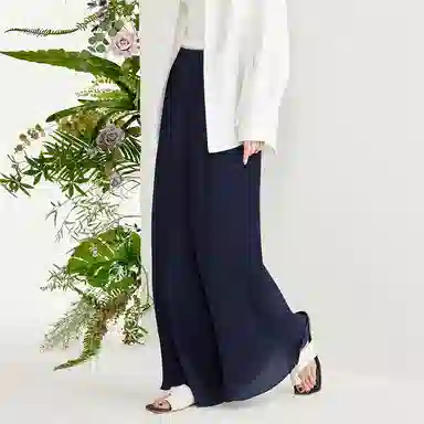 佐丹奴 老钱风压褶雪纺梭织荷叶边合身阔腿休闲裤 女款 蓝