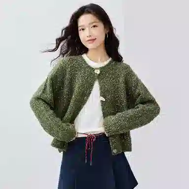 佐丹奴 厚实圈圈纱不规则纽扣开襟毛织长袖针织衫 女款 复古绿