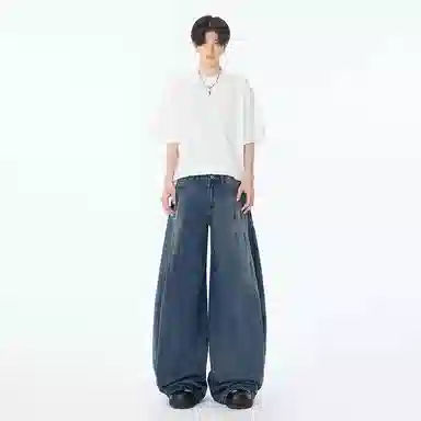 美式复古宽松阔腿百搭休闲色基础款水洗做旧弯刀阔腿宽松垂感百搭牛仔裤 男女同款 脏染蓝色