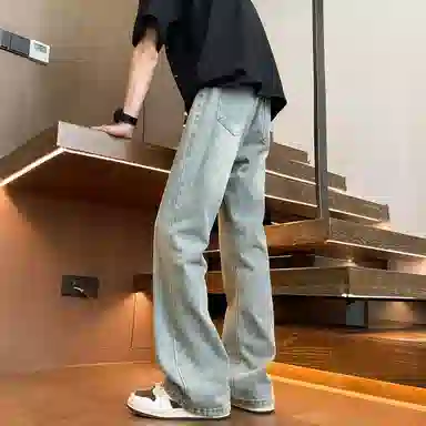 曼城 美式高街复古水洗做旧简约基础款宽松休闲舒适凉感透气时尚潮流日常通勤百搭牛仔裤 男女同款