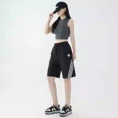 曼城 美式高街复古斜纹织带条纹拼色拼接设计系带学院风运动大码宽松高级感简约百搭潮流时尚五分休闲短裤 男女同款