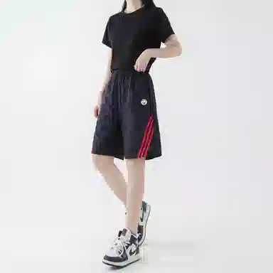 曼城 美式高街复古斜纹织带条纹拼色拼接设计系带学院风运动大码宽松高级感简约百搭潮流时尚五分休闲短裤 男女同款