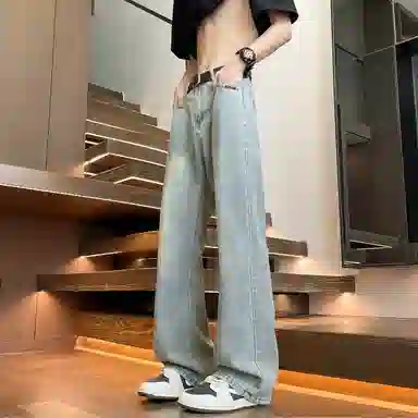 曼城 美式高街复古水洗做旧简约基础款宽松休闲舒适凉感透气时尚潮流日常通勤百搭牛仔裤 男女同款