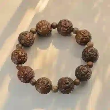 周帝王 国潮招财纳福精工雕刻弥勒佛文玩盘串单圈 转运暴富新中式国风小众设计 绿檀 木作手串 男女同款情侣款 绿檀