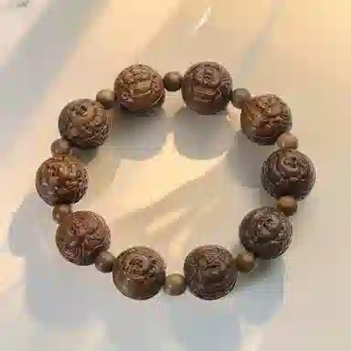 周帝王 国潮招财纳福精工雕刻弥勒佛文玩盘串单圈 转运暴富新中式国风小众设计 绿檀 木作手串 男女同款情侣款 绿檀