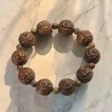 周帝王 国潮招财纳福精工雕刻弥勒佛文玩盘串单圈 转运暴富新中式国风小众设计 绿檀 木作手串 男女同款情侣款 绿檀