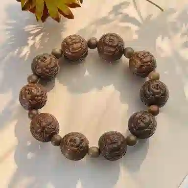 周帝王 国潮招财纳福精工雕刻弥勒佛文玩盘串单圈 转运暴富新中式国风小众设计 绿檀 木作手串 男女同款情侣款 绿檀