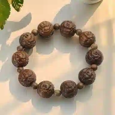 周帝王 国潮招财纳福精工雕刻弥勒佛文玩盘串单圈 转运暴富新中式国风小众设计 绿檀 木作手串 男女同款情侣款 绿檀