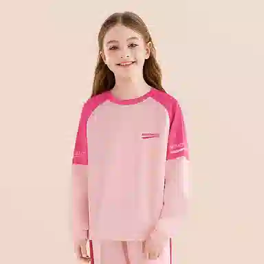 梦特娇 圆领亲肤插肩长袖拼色长裤家居服 浅粉拼玫红青少年