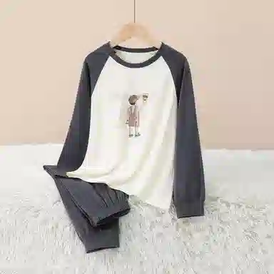 梦特娇 舒适圆领洋气长袖松紧腰长裤家居服 米杏拼灰蓝青少年