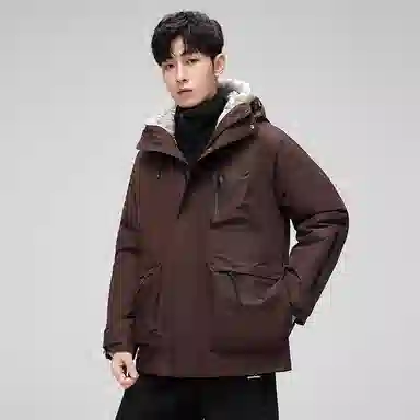 鸭鸭 可拆卸内胆三合一连帽纯色时尚简约保暖性强百搭多口袋设计户外机能羽绒服 男女同款