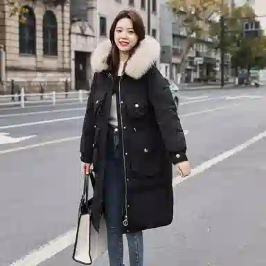 鸭鸭 中长款百搭狐狸毛领常规长袖羽绒服 女款