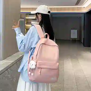 單倉 日系通勤百搭字母设计书包初高中学生大容量通勤百搭书包 尼龙 双肩包 常规 男女同款情侣款 粉色/紫色/黄色/蓝色/卡其色/黑色