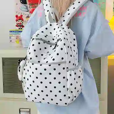 單倉 高颜值可爱波点设计通勤百搭学院风背包小众设计大容量轻便 尼龙 双肩包 常规 女款 黑色/白色