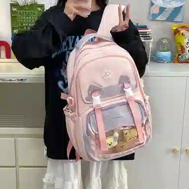 單倉 时尚潮流可爱甜美高级舒适轻便耐磨学院风背包初高中学生大容量通勤百搭书包 斜纹布 双肩包 常规 女款 粉色/紫色/蓝色/绿色/黑色