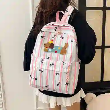 單倉 可爱条纹蝴蝶结腊肠狗小清新设计学院风背包初高中学生大容量轻便耐磨书包 尼龙 双肩包 常规 女款 粉色/蓝色/黑色