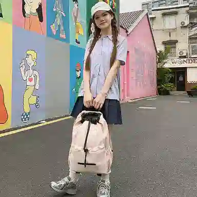 單倉 高级感时尚简约设计旅行通勤百搭背包初高中学生轻便耐磨书包 尼龙 双肩包 常规 男女同款情侣款 粉色/蓝色/黄色/绿色/黑色