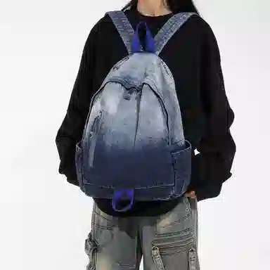 單倉 复古渐变时尚设计通勤百搭学院风背包初高中学生大容量轻便耐磨书包 牛仔布 双肩包 常规 男女同款情侣款 黑色/深蓝色