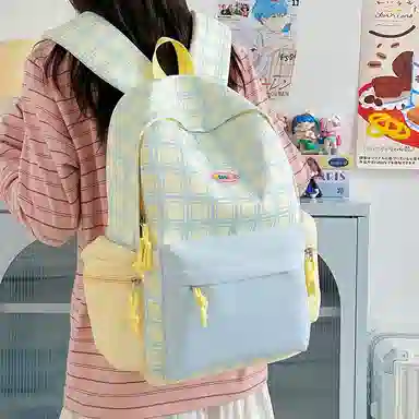 單倉 可爱格子小清新学院风通勤百搭 尼龙 双肩包 常规 女款 粉拼绿色/黄拼蓝色