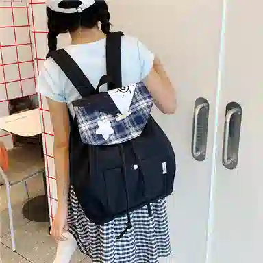 單倉 高颜值星星格子学院风设计日常通勤百搭背包初高中学生大容量休闲简约书包 帆布 双肩包 常规 男女同款情侣款 灰色/黑色