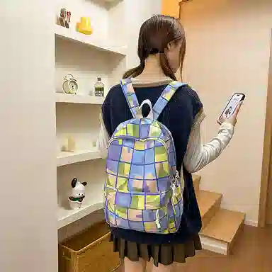 單倉 多巴胺七彩初高中学生复古格子通勤百搭大容量 尼龙 背包书包双肩包 女款 蓝绿色/紫粉色/蓝紫色/蓝白色