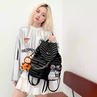 單倉 韩系潮流时尚机能格纹通勤百搭设计背包初高中学生大容量书包 尼龙 双肩包 常规 女款 黑色条纹星星色