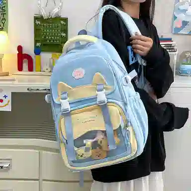 單倉 时尚潮流可爱甜美高级舒适轻便耐磨学院风背包初高中学生大容量通勤百搭书包 斜纹布 双肩包 常规 女款 粉色/紫色/蓝色/绿色/黑色