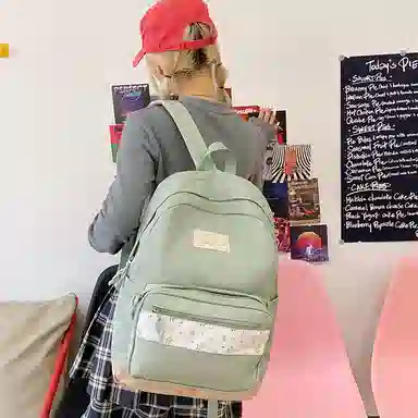 單倉 高颜值小清新印花设计通勤百搭学院风背包初高中轻便耐磨 尼龙布 双肩包 女款 白色/粉色/蓝色/绿色/黑色
