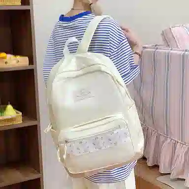 單倉 高颜值小清新印花设计通勤百搭学院风背包初高中轻便耐磨 尼龙布 双肩包 女款 白色/粉色/蓝色/绿色/黑色