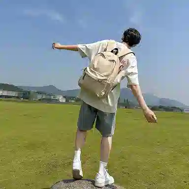 單倉 高颜值字母简约设计学院风通勤百搭背包初高中学生大容量轻便耐磨背包 尼龙 双肩包 常规 男女同款情侣款 白色/卡其色/灰色/黑色
