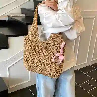 單倉 慵懒风编制包海边度假沙滩休闲百搭 草编 单肩包 常规 女款 米白色/卡其色